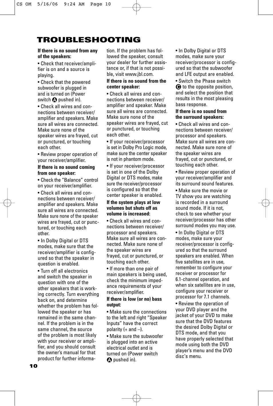 Troubleshooting | JBL CSS10 User Manual | Page 10 / 12