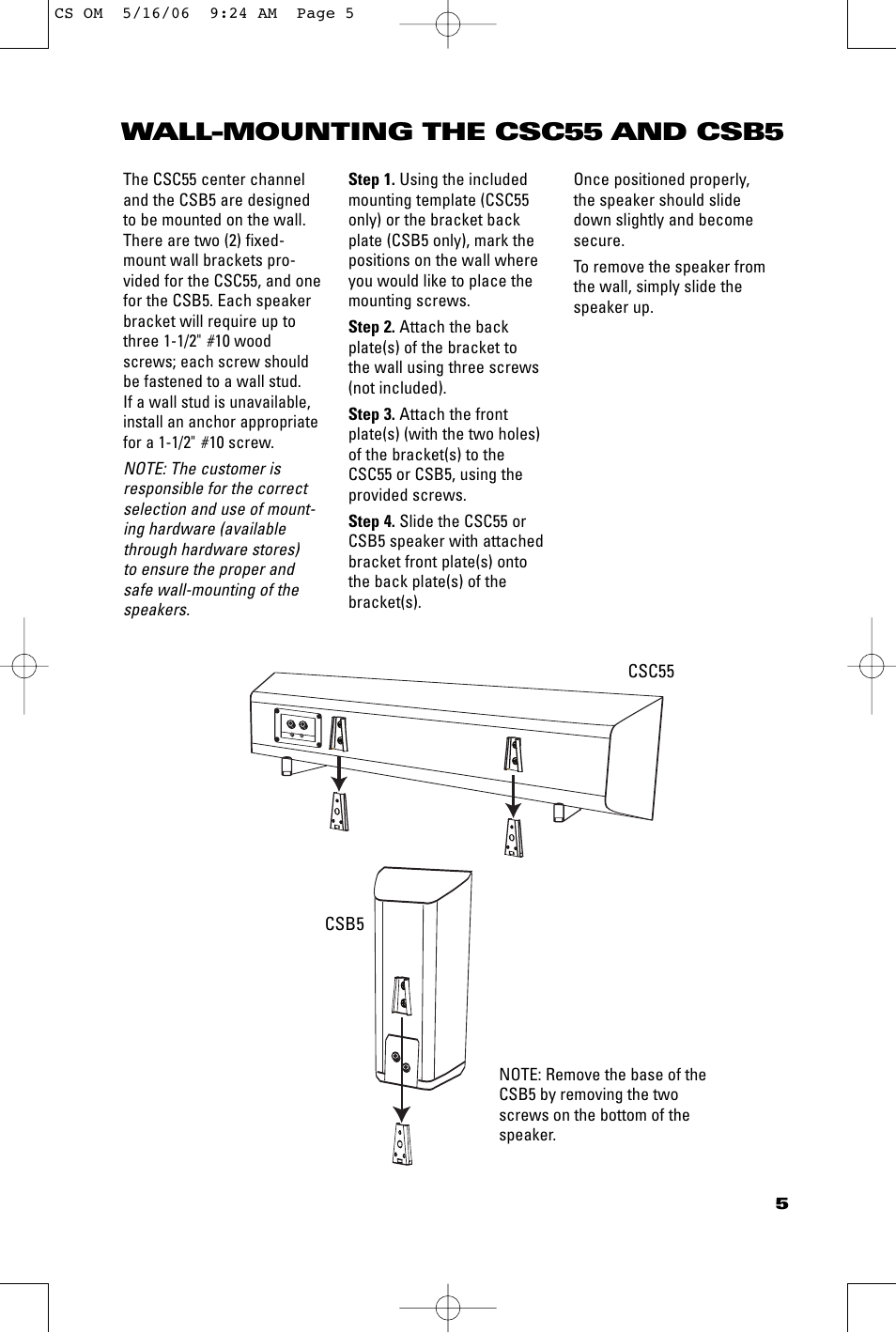 Wall-mounting the csc55 and csb5 | JBL CSS10 User Manual | Page 5 / 12