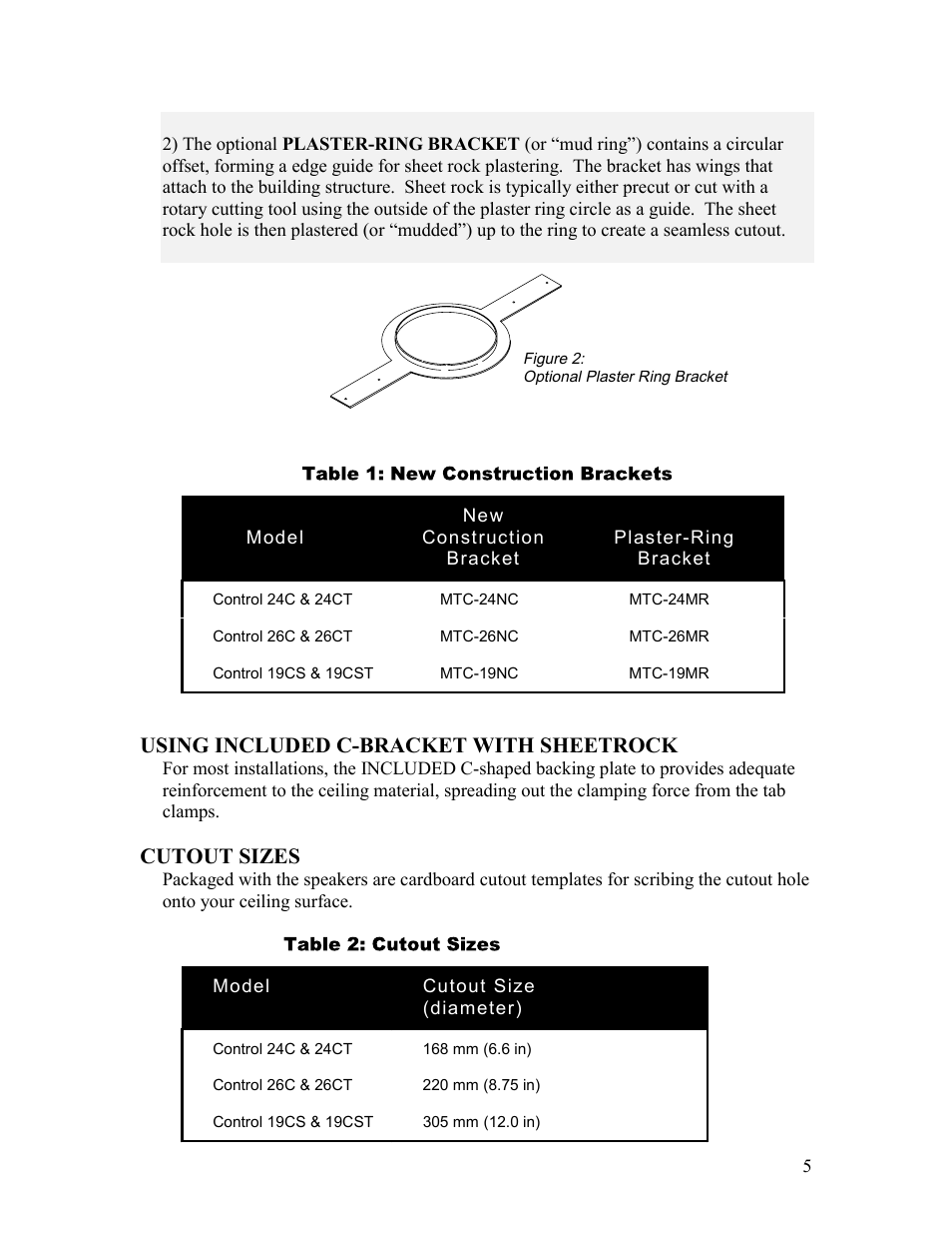 Using included c-bracket with sheetrock, Cutout sizes | JBL Ceiling Loudspeakers User Manual | Page 6 / 19