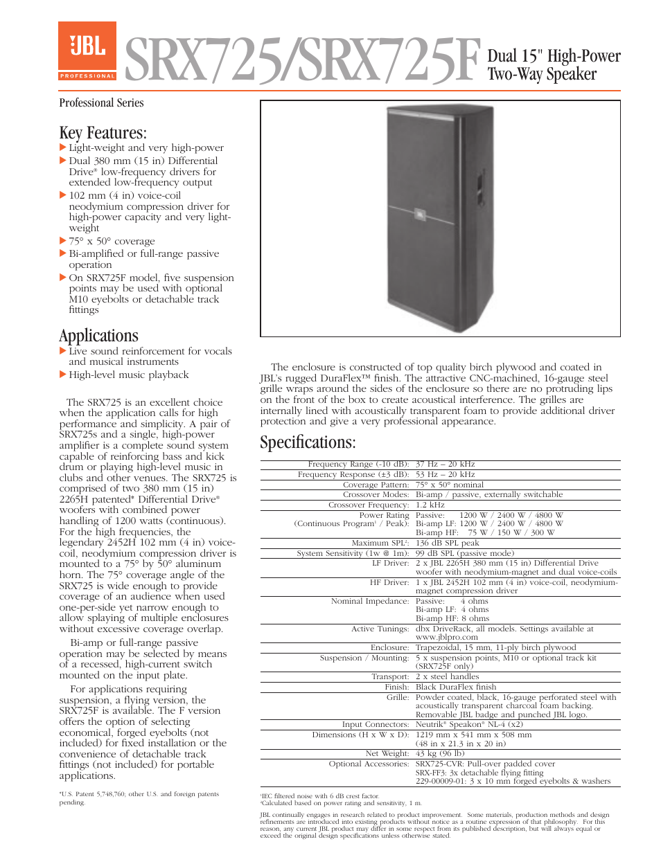 JBL High-Power Two-Way Speaker SRX725 User Manual | 2 pages