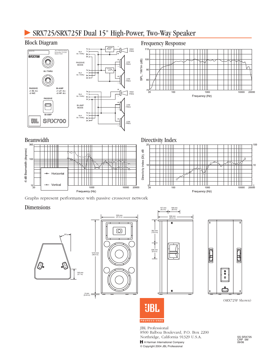 Srx700, Dimensions in mm (in) (srx725f shown) | JBL High-Power Two-Way Speaker SRX725 User Manual | Page 2 / 2