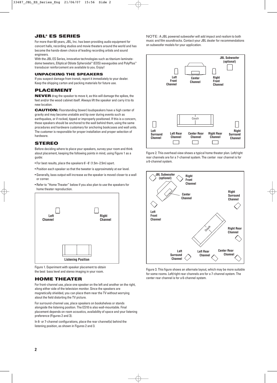 Es series, Placement, Stereo | Home theater | JBL ES20 User Manual | Page 2 / 6