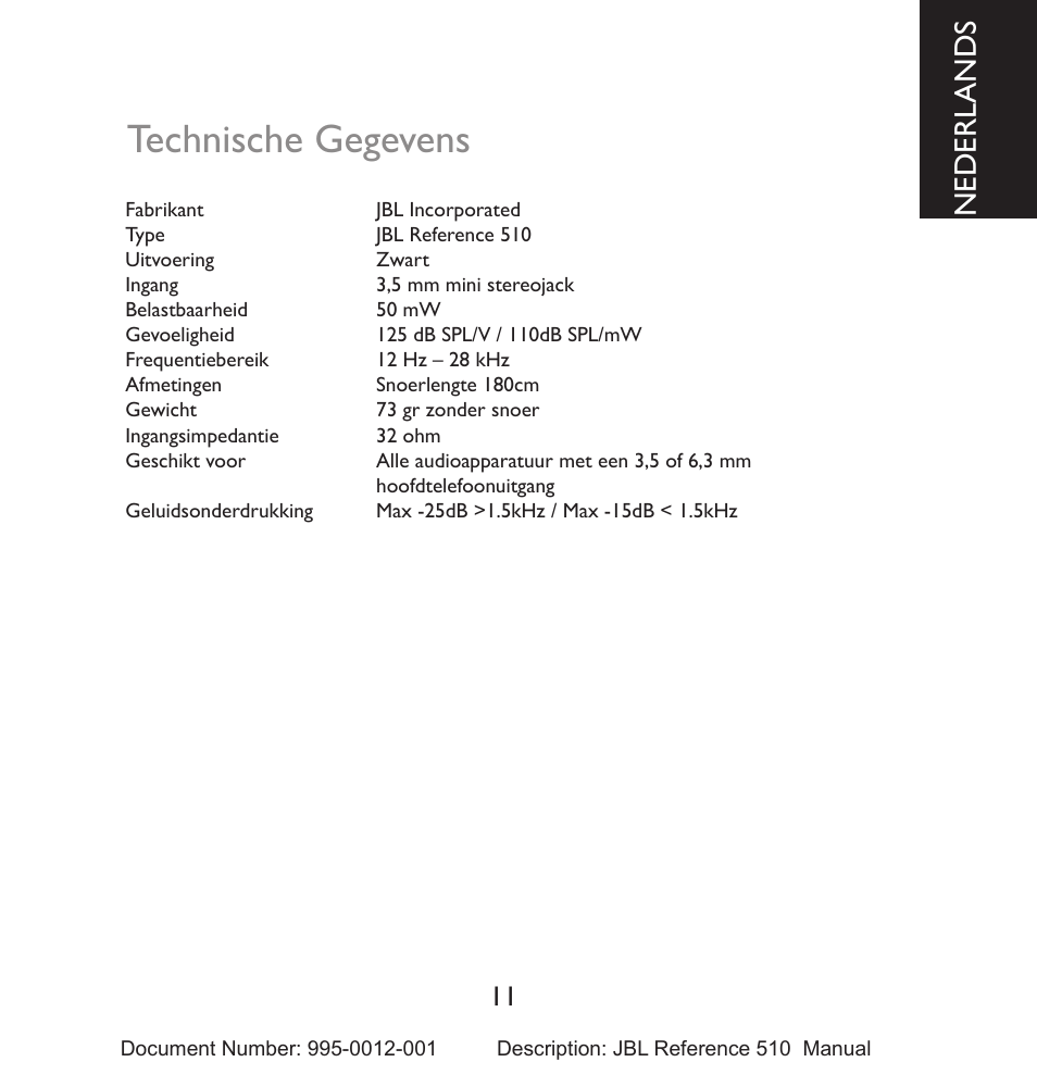 Technische gegevens, Nederlands | JBL 510 User Manual | Page 12 / 67