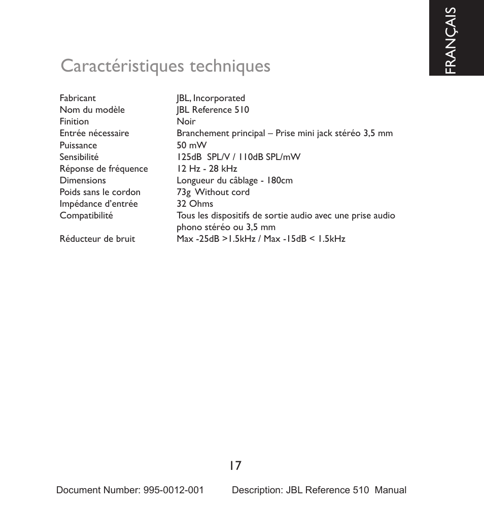 Caractéristiques techniques, Français | JBL 510 User Manual | Page 18 / 67