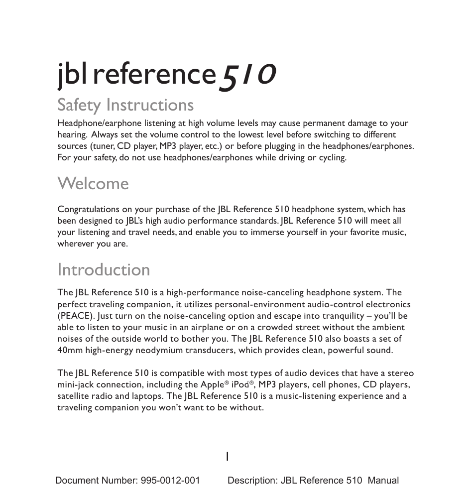 Reference, Safety instructions, Welcome | Introduction | JBL 510 User Manual | Page 2 / 67