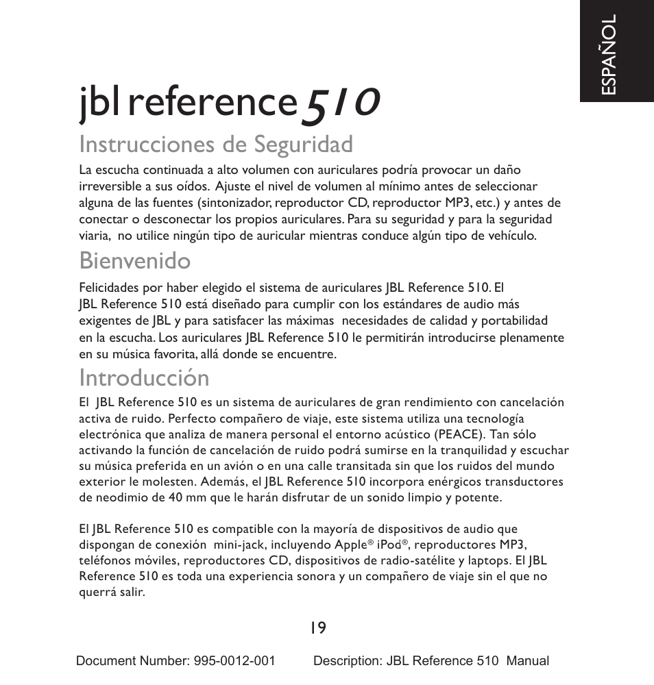 Reference, Instrucciones de seguridad, Bienvenido | Introducción | JBL 510 User Manual | Page 20 / 67