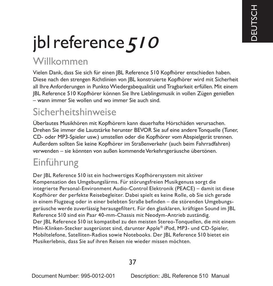 Reference, Einführung, Sicherheitshinweise | Willkommen | JBL 510 User Manual | Page 38 / 67