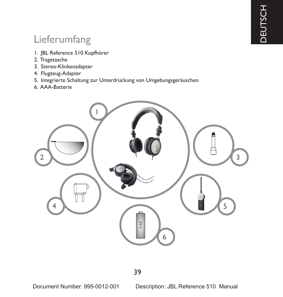 Lieferumfang, Deutsch | JBL 510 User Manual | Page 40 / 67