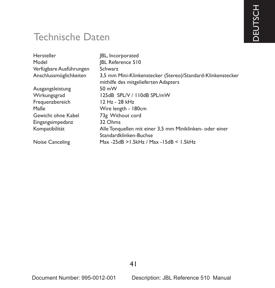 Technische daten, Deutsch | JBL 510 User Manual | Page 42 / 67