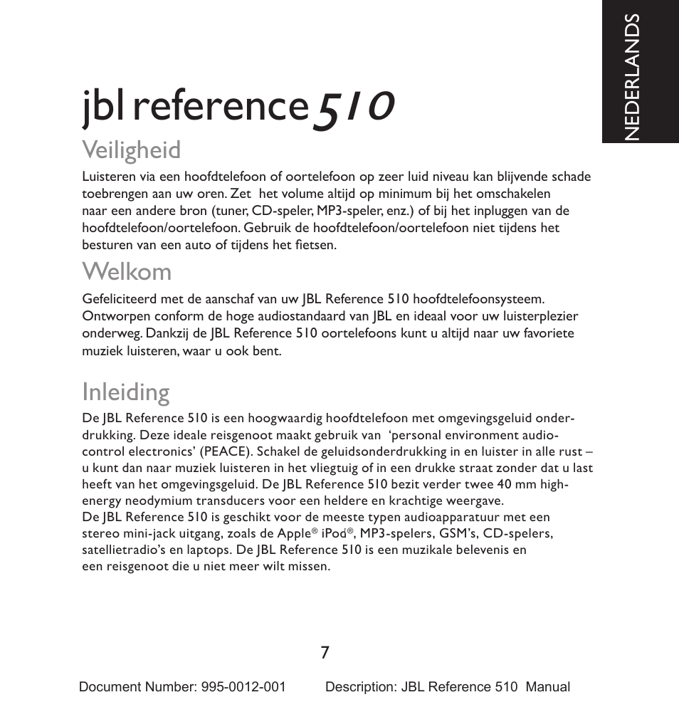 Reference, Veiligheid, Welkom | Inleiding | JBL 510 User Manual | Page 8 / 67