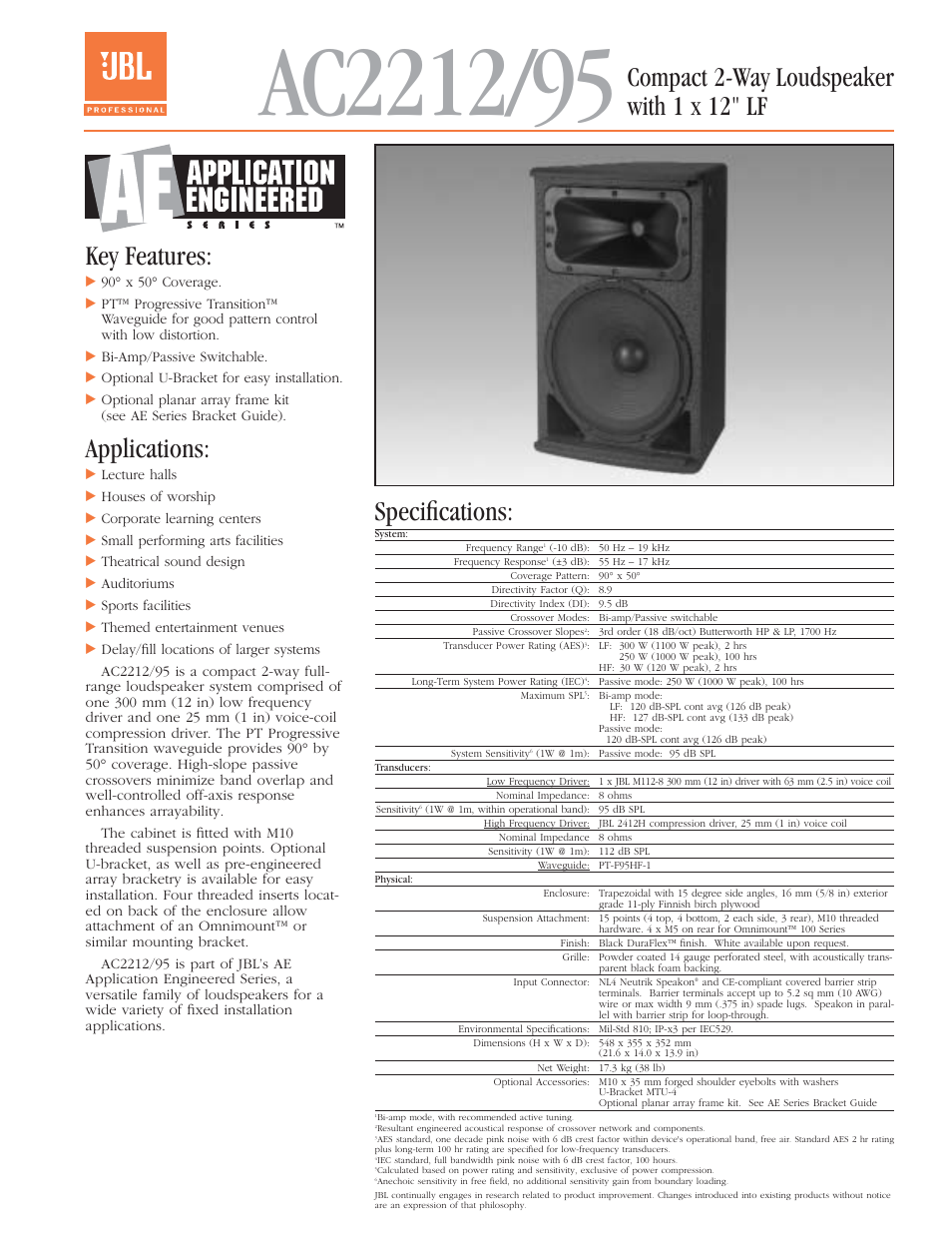 Applications, Specifications | JBL AC2212/00 User Manual | Page 10 / 24