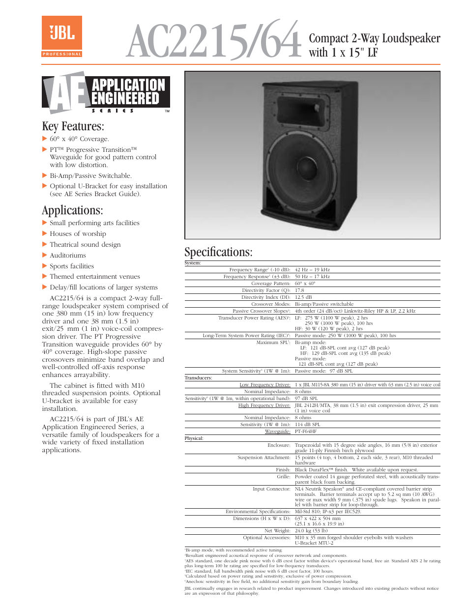 Applications, Specifications | JBL AC2212/00 User Manual | Page 2 / 24