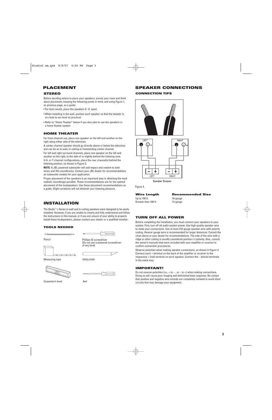 Placement, Installation, Speaker connections | JBL LS326C User Manual | Page 3 / 8