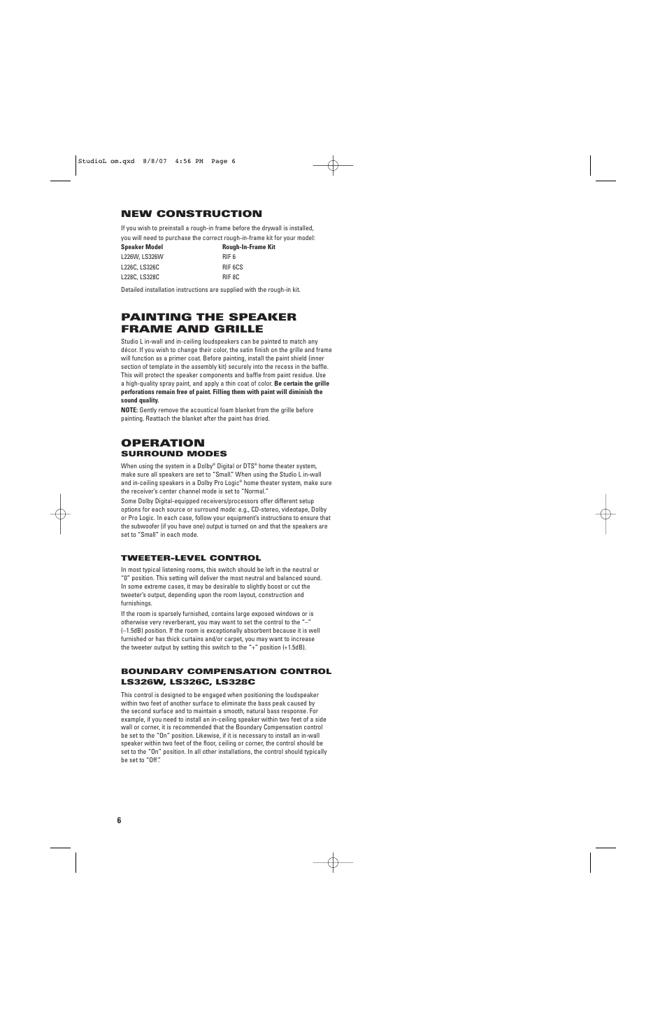 Painting the speaker frame and grille, Operation, New construction | JBL LS326C User Manual | Page 6 / 8