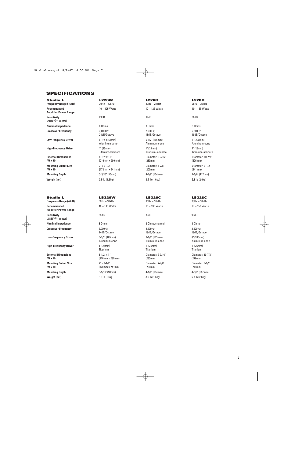 Specifications | JBL LS326C User Manual | Page 7 / 8