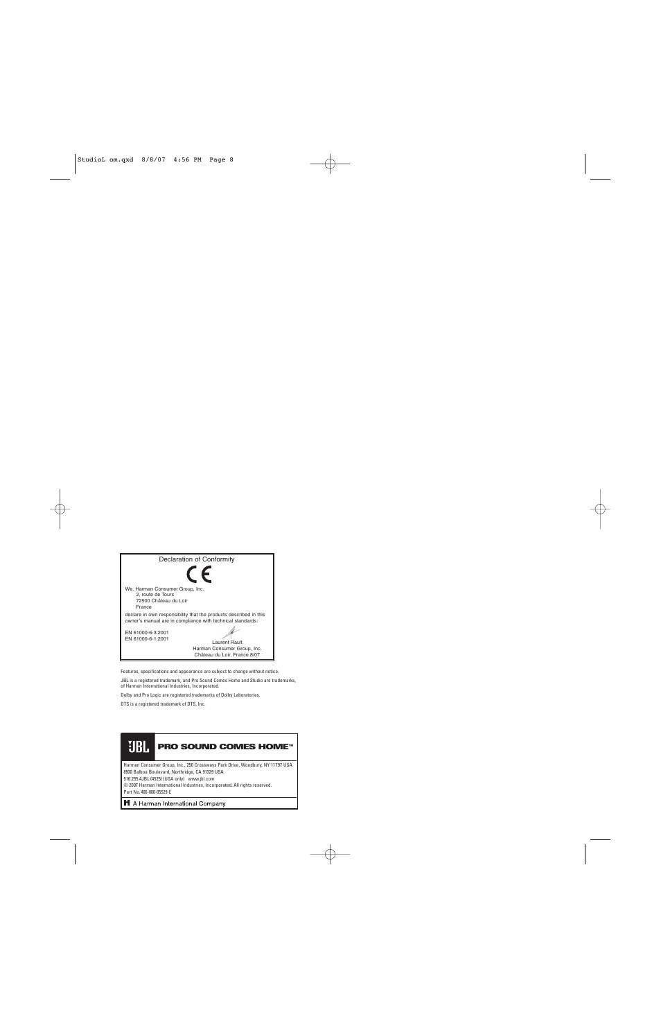 JBL LS326C User Manual | Page 8 / 8