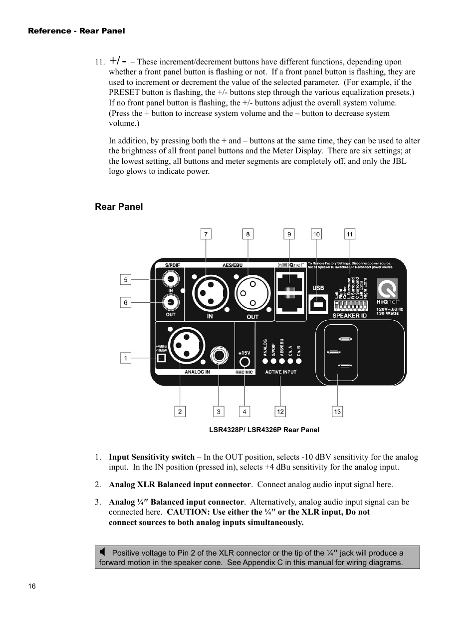 Rear panel | JBL LSR4326P User Manual | Page 20 / 51