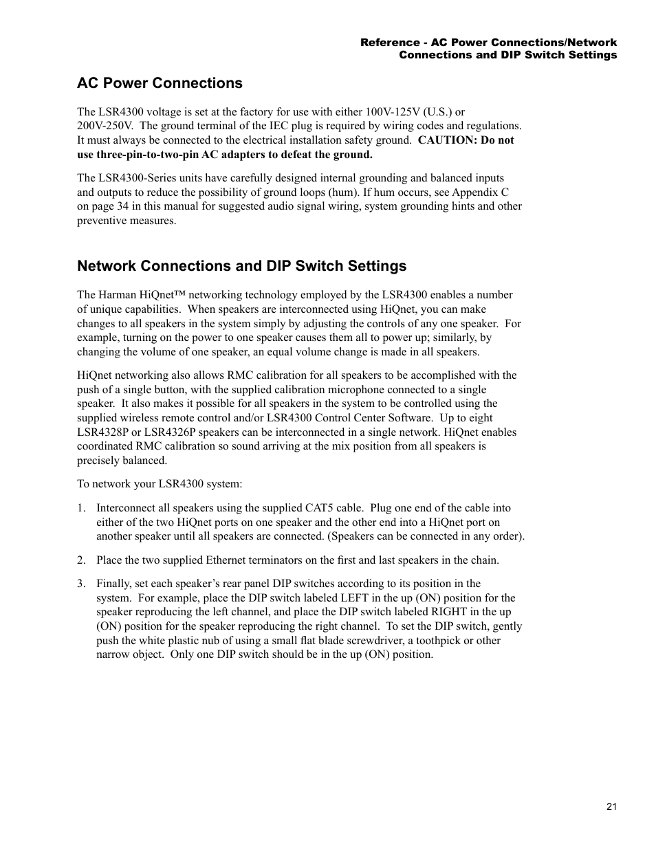 Ac power connections, Network connections and dip switch settings | JBL LSR4326P User Manual | Page 25 / 51