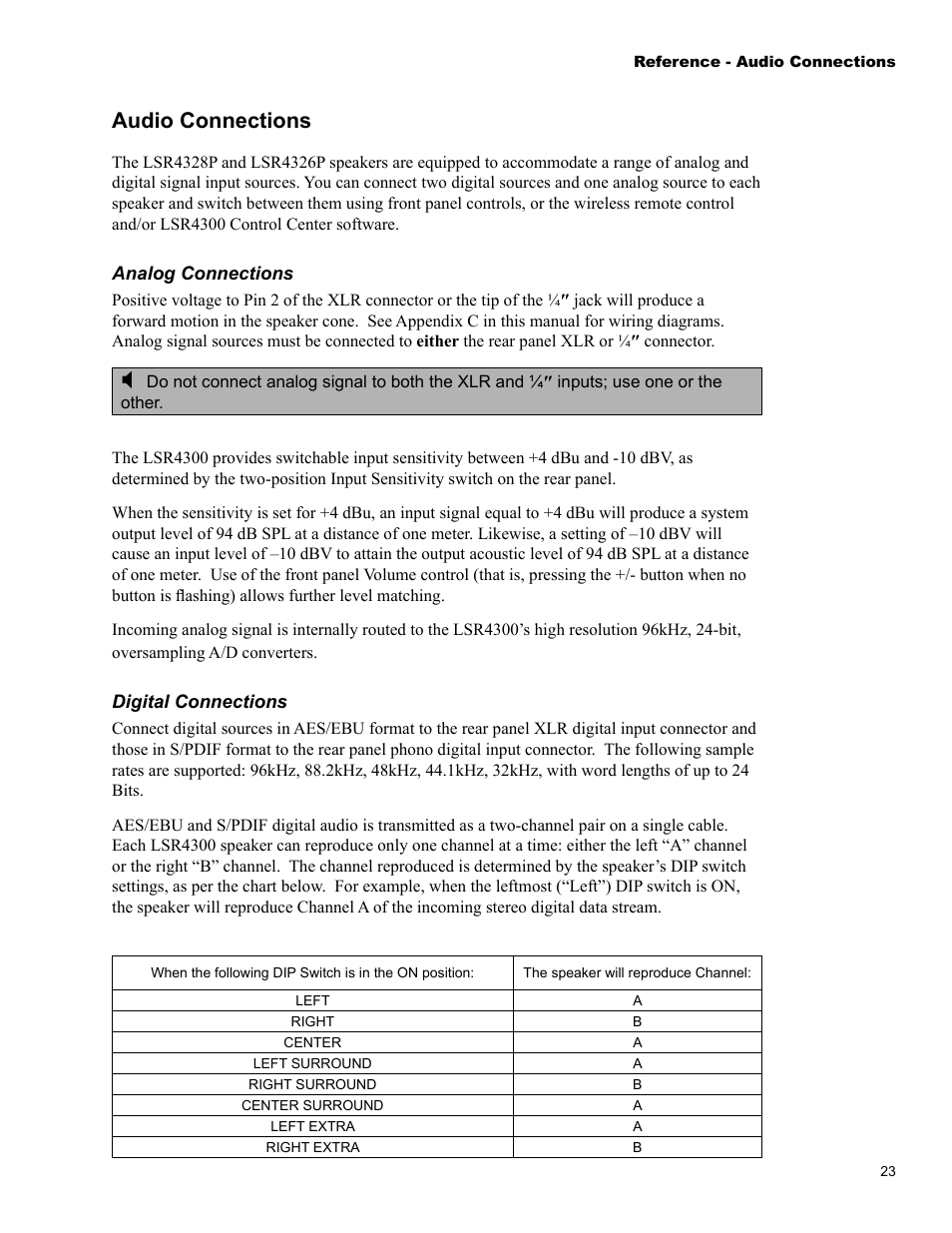 Audio connections | JBL LSR4326P User Manual | Page 27 / 51