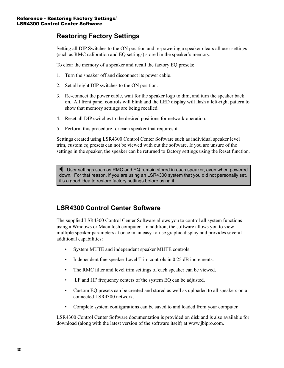 Restoring factory settings, Lsr4300 control center software | JBL LSR4326P User Manual | Page 34 / 51