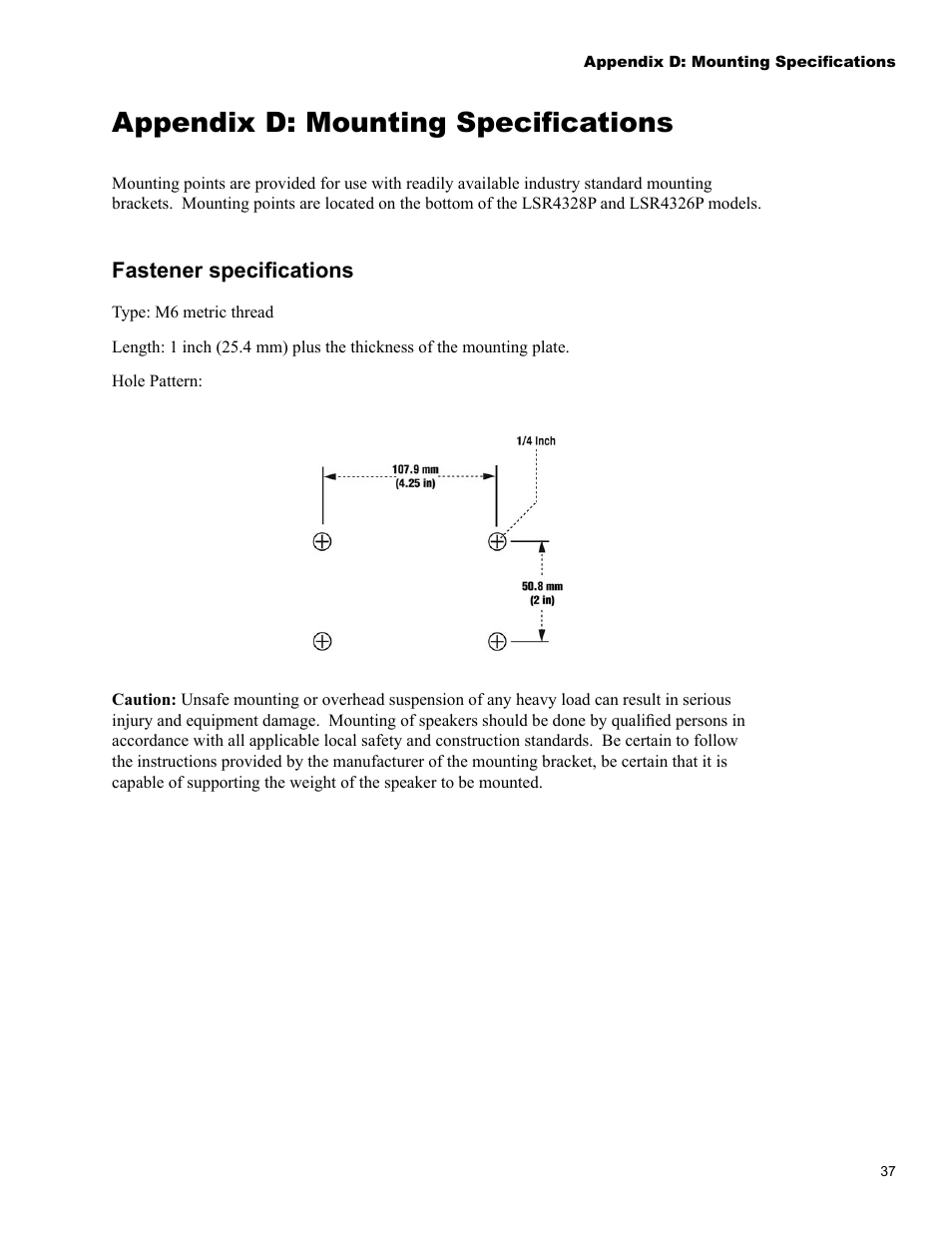 Appendix d: mounting specifications, Appendix d: mounting speciﬁcations | JBL LSR4326P User Manual | Page 41 / 51