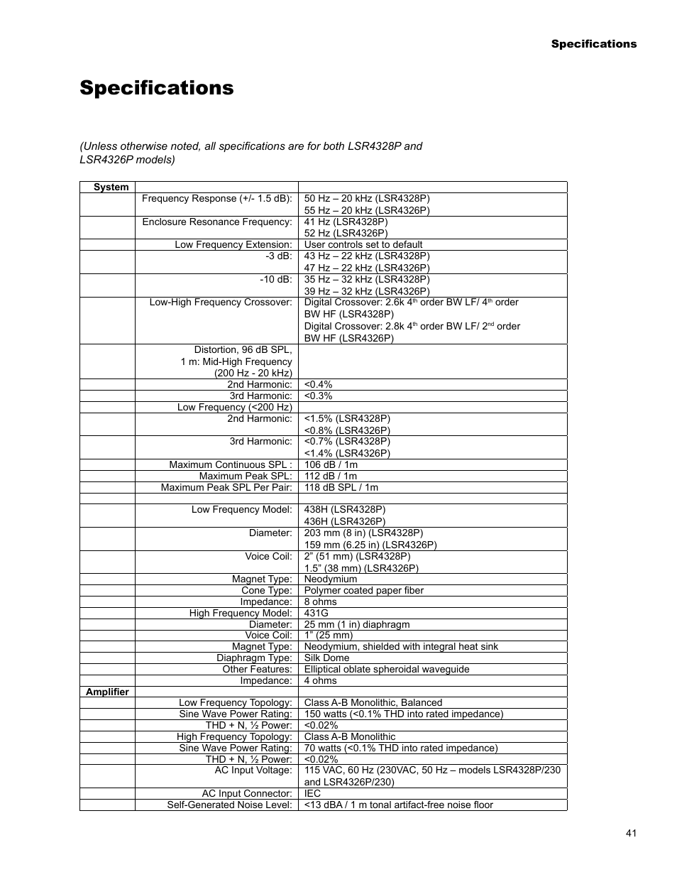 Specifications, Speciﬁcations | JBL LSR4326P User Manual | Page 45 / 51