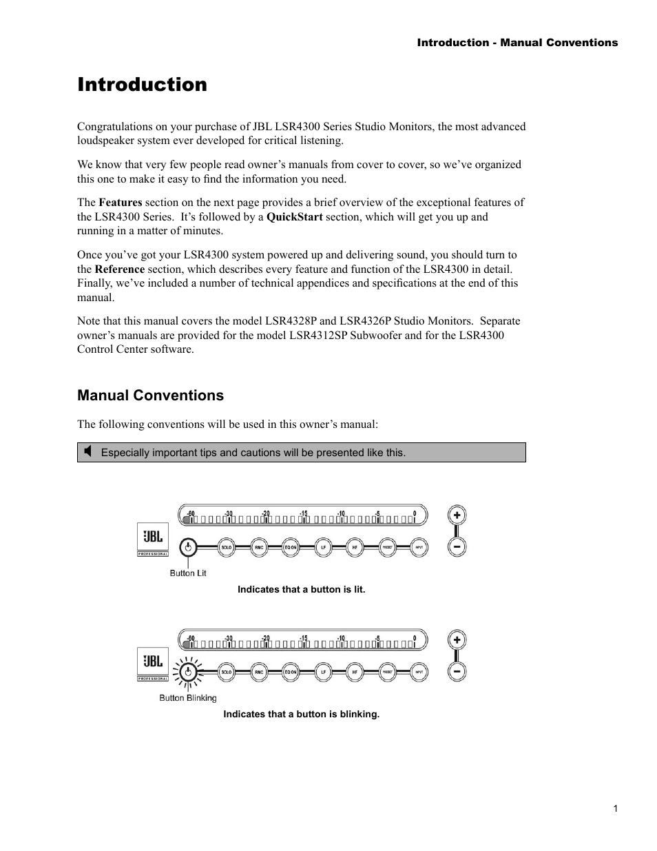 Introduction, Manual conventions | JBL LSR4326P User Manual | Page 5 / 51