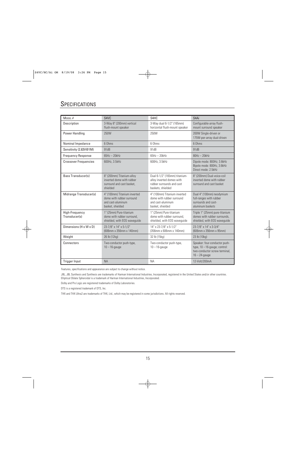 Pecifications | JBL S4VC User Manual | Page 15 / 16