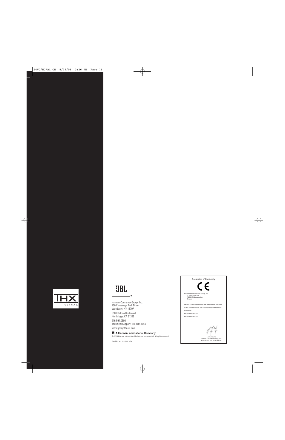 JBL S4VC User Manual | Page 16 / 16