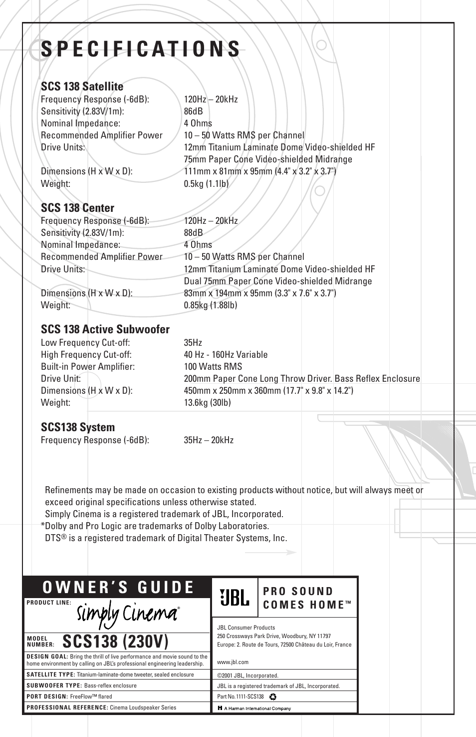 Scs 138 satellite, Scs 138 center, Scs 138 active subwoofer | Scs138 system | JBL SCS138 User Manual | Page 12 / 12