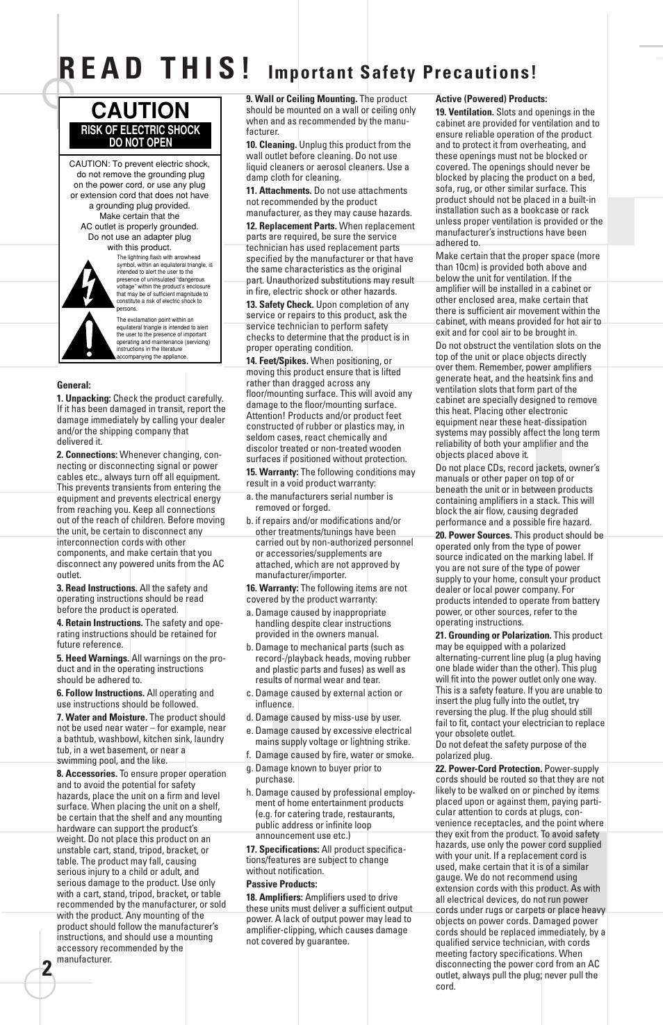 Caution, Important safety precautions | JBL SCS138 User Manual | Page 2 / 12