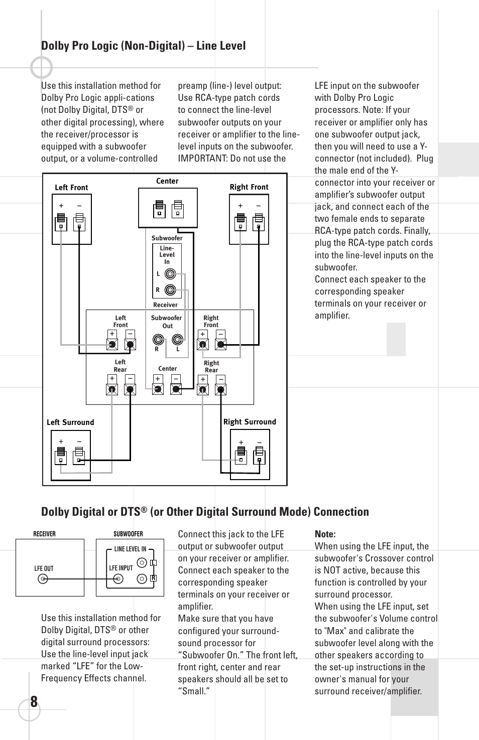 Dolby pro logic (non-digital) – line level, Dolby digital or dts, Or other digital surround mode) connection | JBL SCS138 User Manual | Page 8 / 12