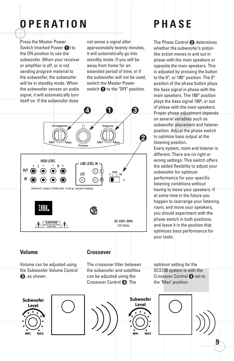 Volume, Crossover | JBL SCS138 User Manual | Page 9 / 12