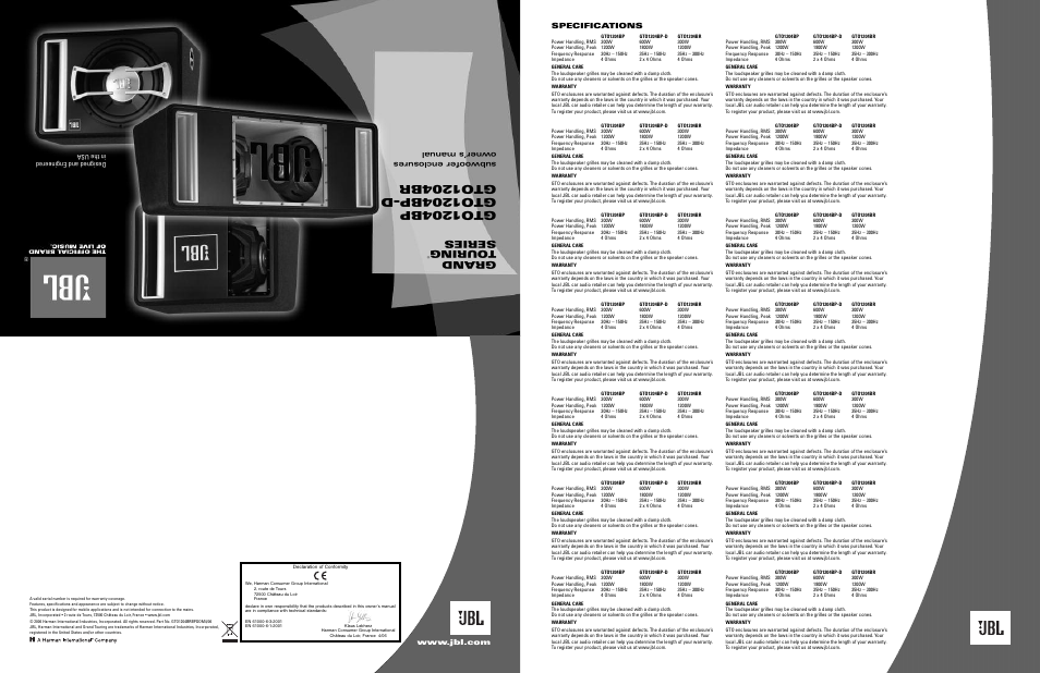 JBL GTO1204BP User Manual | 2 pages