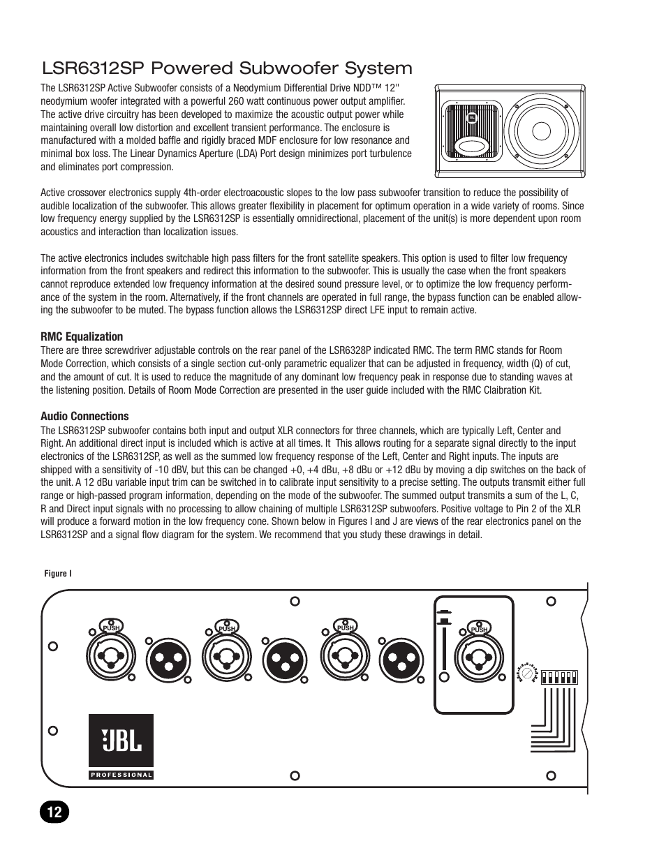 Lsr6312sp, Lsr6312sp powered subwoofer system, Linear spatial reference powered subwoofer | Rmc equalization, Audio connections | JBL LSR6300 User Manual | Page 12 / 24