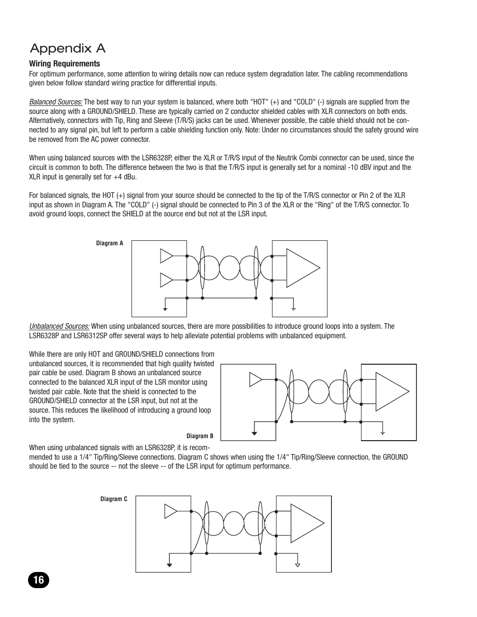 Appendix a, Wiring requirements | JBL LSR6300 User Manual | Page 16 / 24