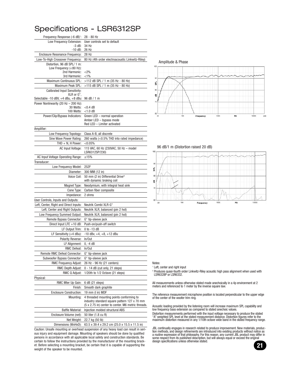 Specifications - lsr6312sp | JBL LSR6300 User Manual | Page 21 / 24