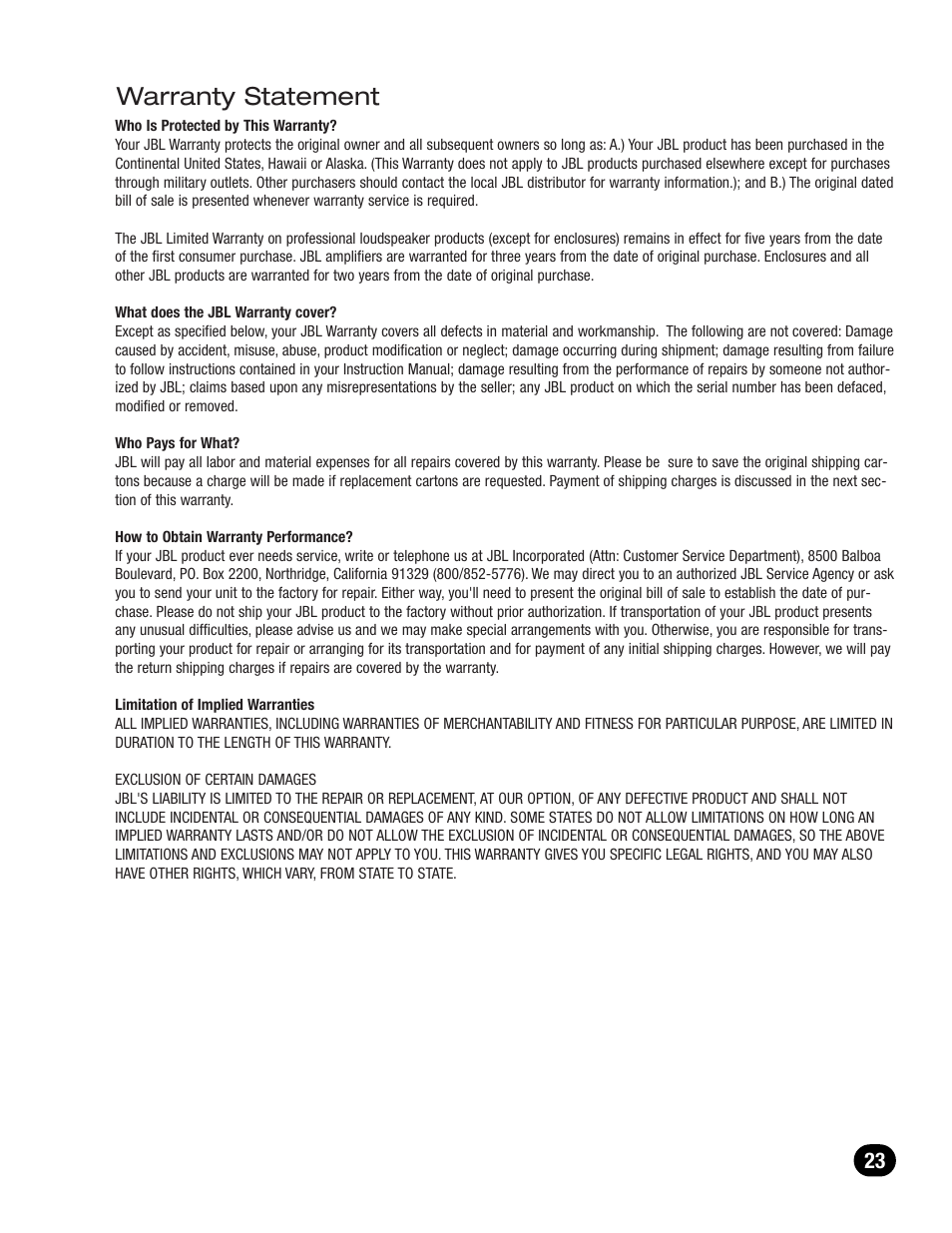 Warranty statement | JBL LSR6300 User Manual | Page 23 / 24