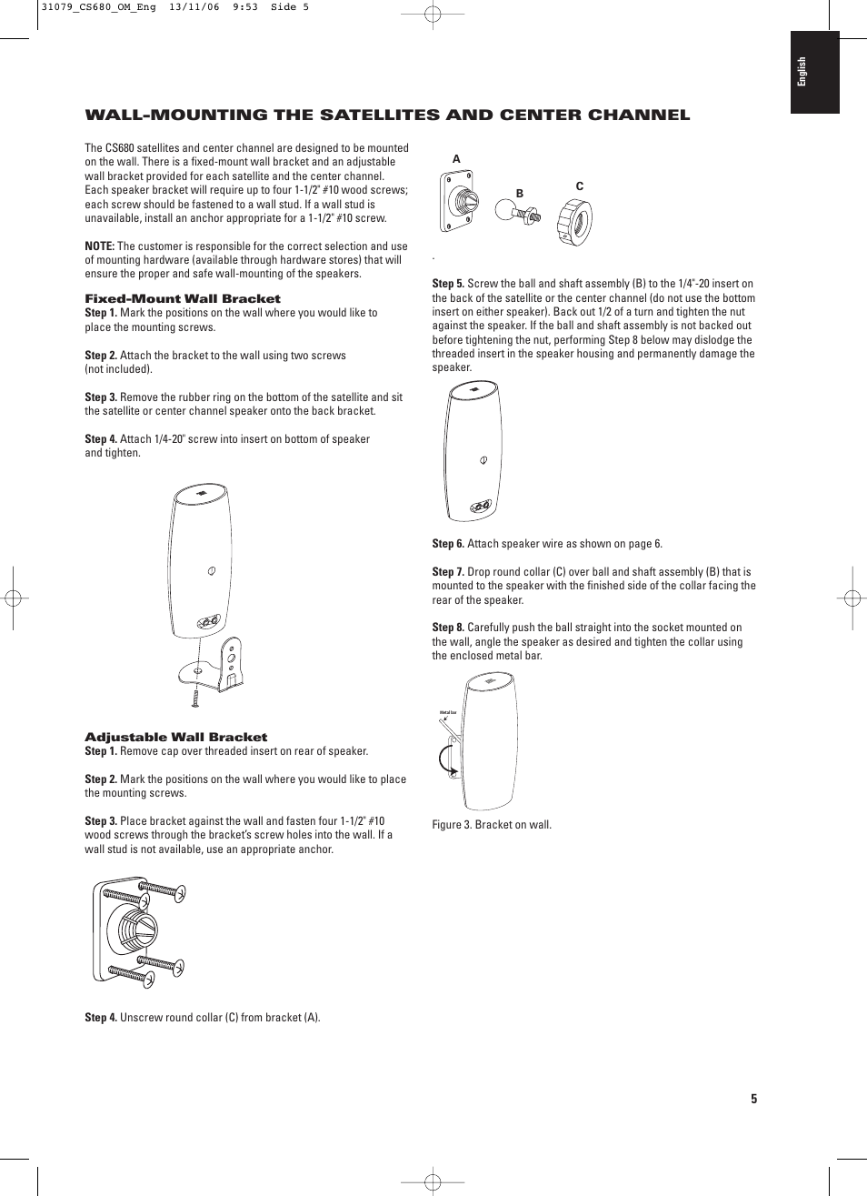 Wall-mounting the satellites and center channel | JBL CS680 (230V) User Manual | Page 5 / 10