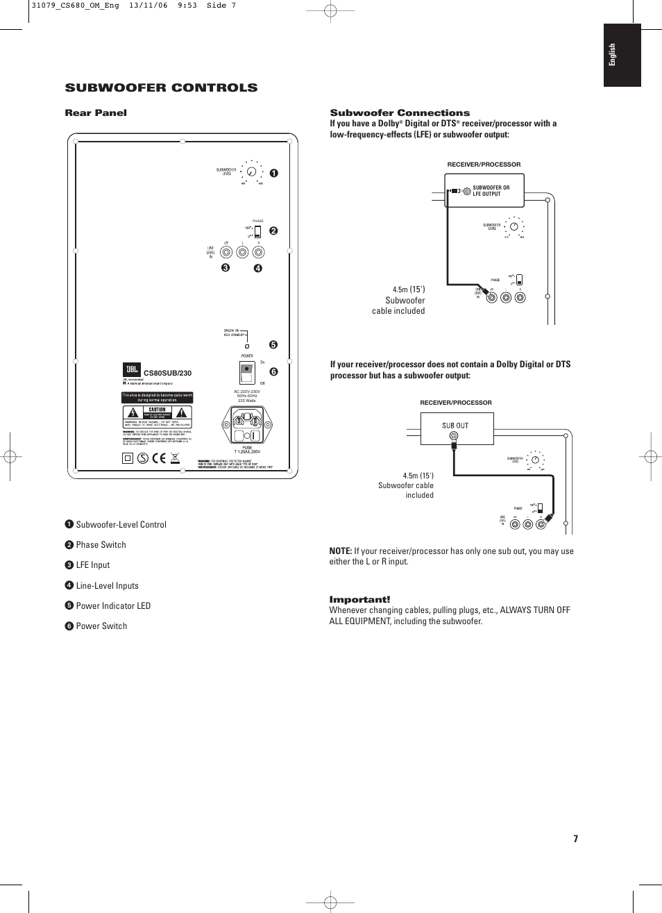 Subwoofer controls | JBL CS680 (230V) User Manual | Page 7 / 10