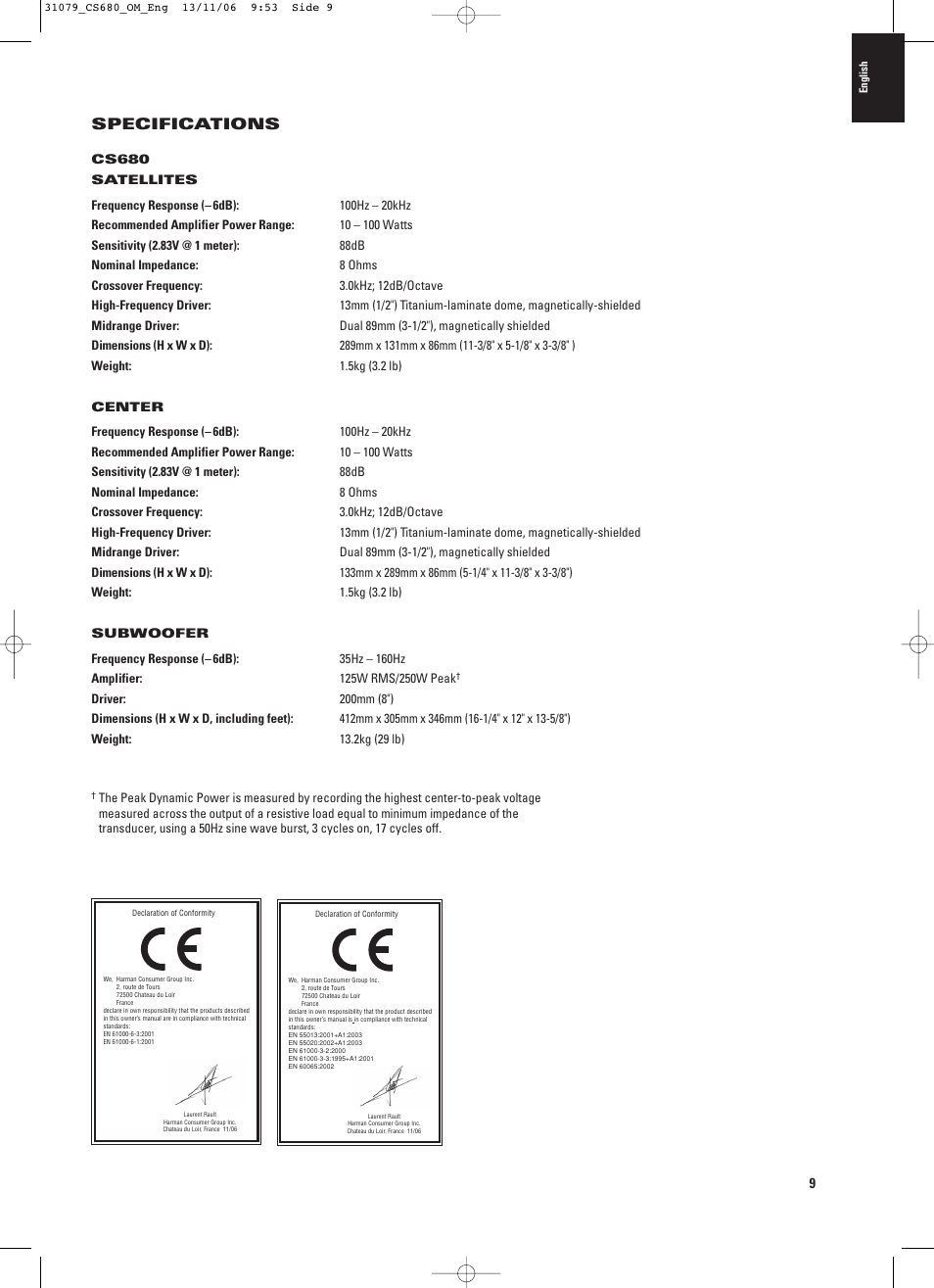 Specifications | JBL CS680 (230V) User Manual | Page 9 / 10