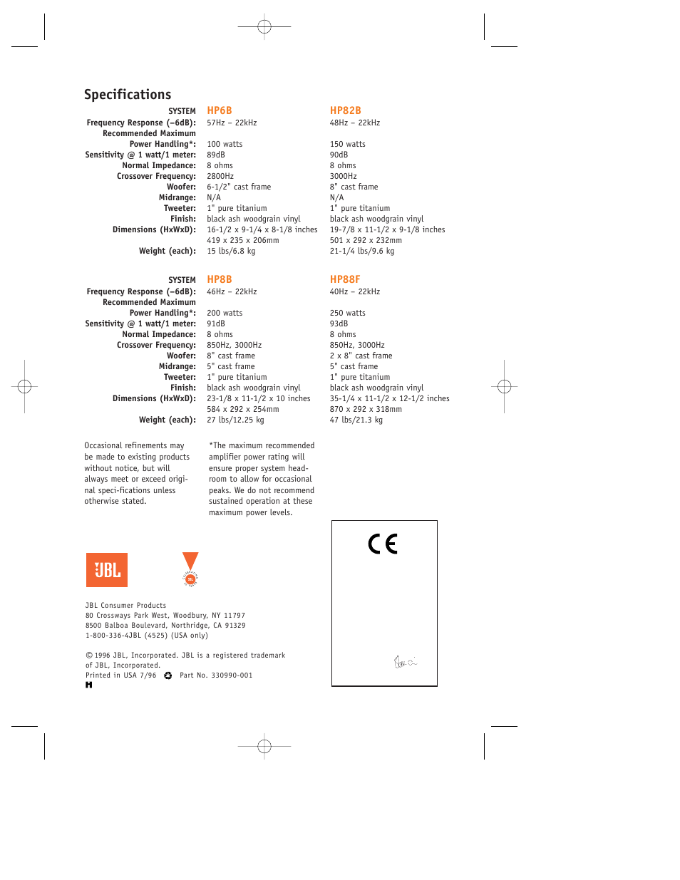 Specifications, Hp6b hp82b, Hp8b hp88f | JBL HP6B User Manual | Page 4 / 4