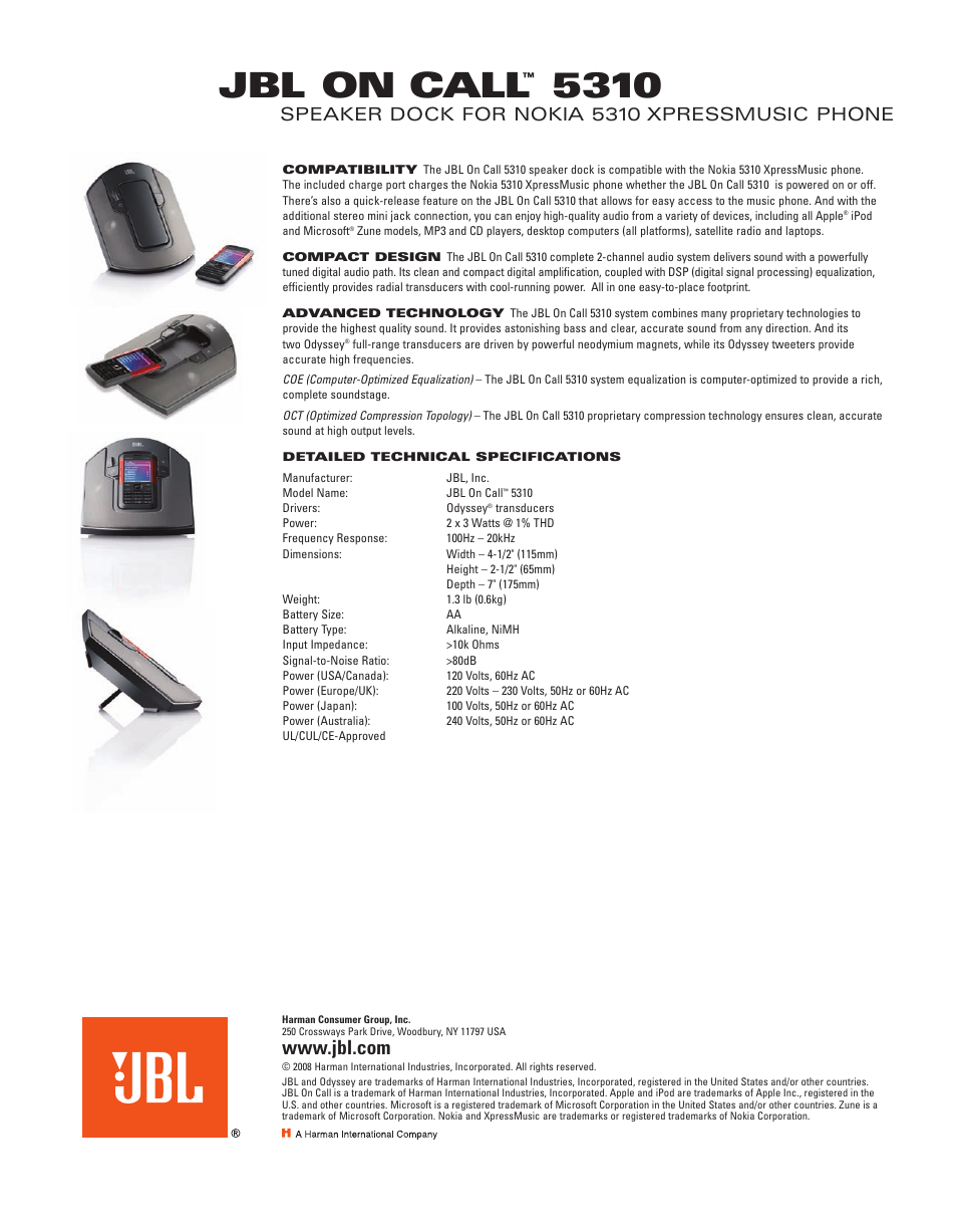 Jbl on call, Speaker dock for nokia 5310 xpressmusic phone | JBL On Call 5310 User Manual | Page 2 / 2