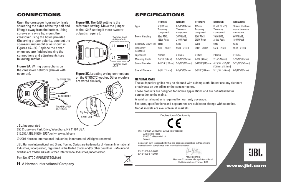 Connections, Specifications | JBL GTO6507SC User Manual | Page 4 / 4