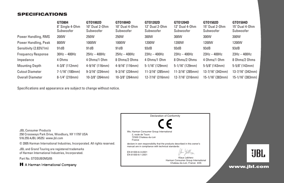 JBL GRAND TOURING GTO1202D User Manual | Page 4 / 4