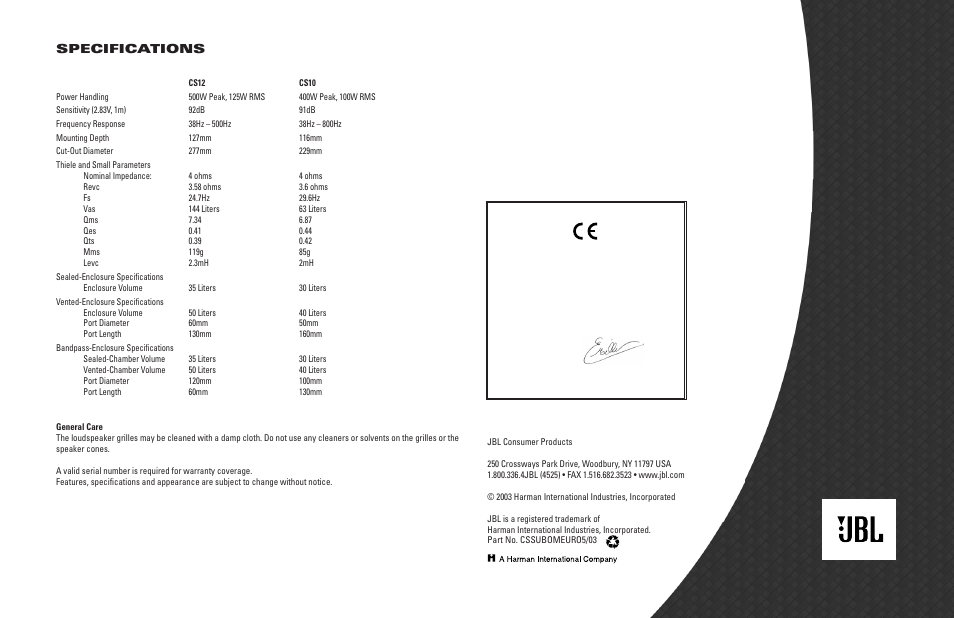 JBL CS12 User Manual | Page 3 / 3