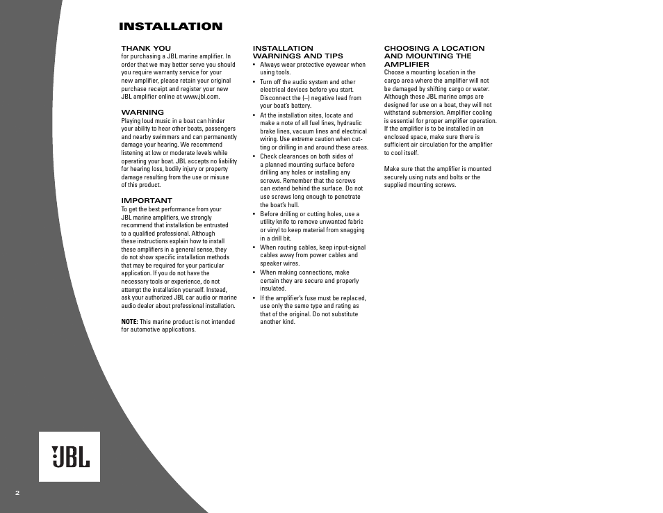 Installation | JBL MA6002 User Manual | Page 2 / 8