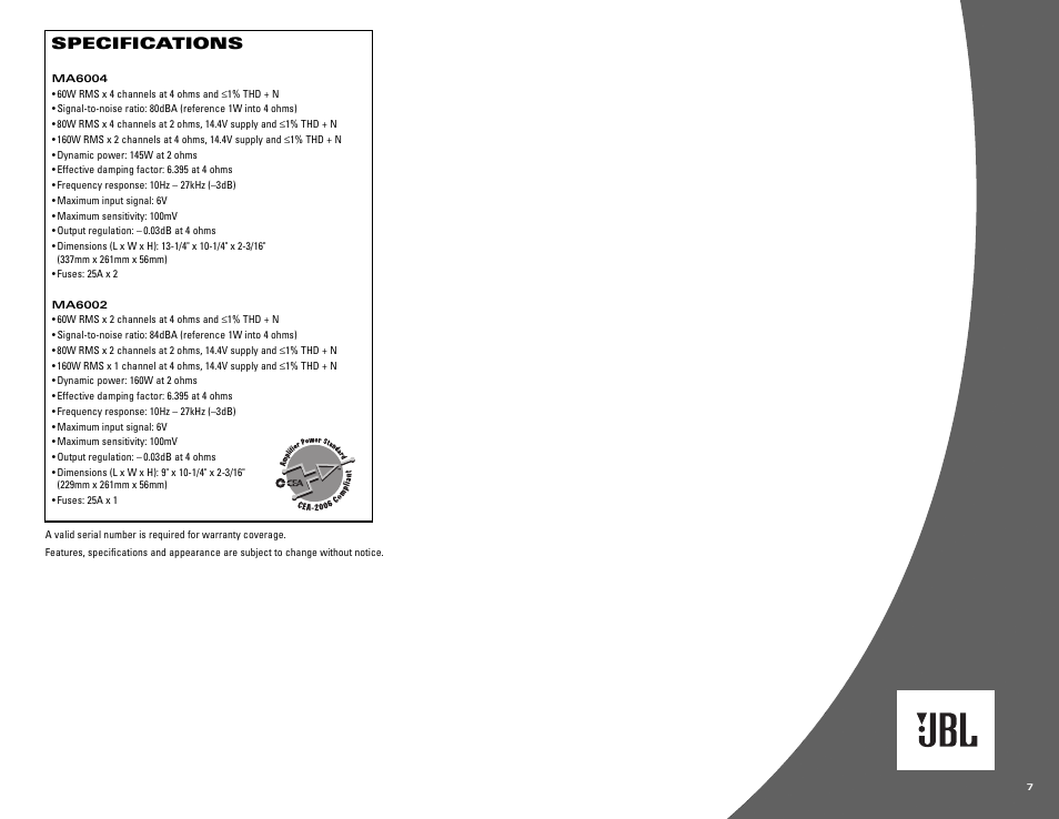 Specifications | JBL MA6002 User Manual | Page 7 / 8