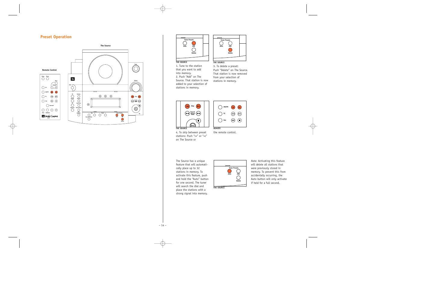 Preset operation, On the source or, The remote control | JBL ESC350 User Manual | Page 14 / 20