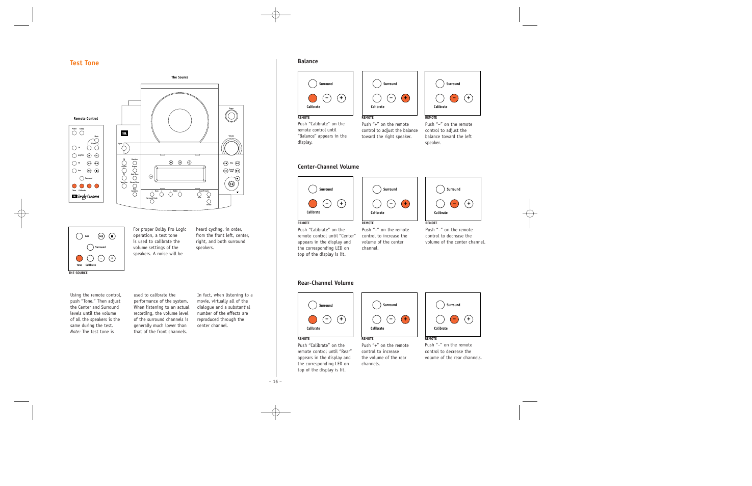 Test tone, Balance, Center-channel volume | Rear-channel volume | JBL ESC350 User Manual | Page 16 / 20